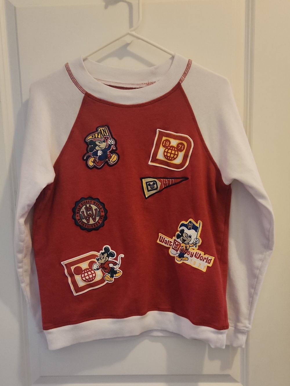 Disney Women's Red & White Raglan Logo Patch Sweatshirt 1971